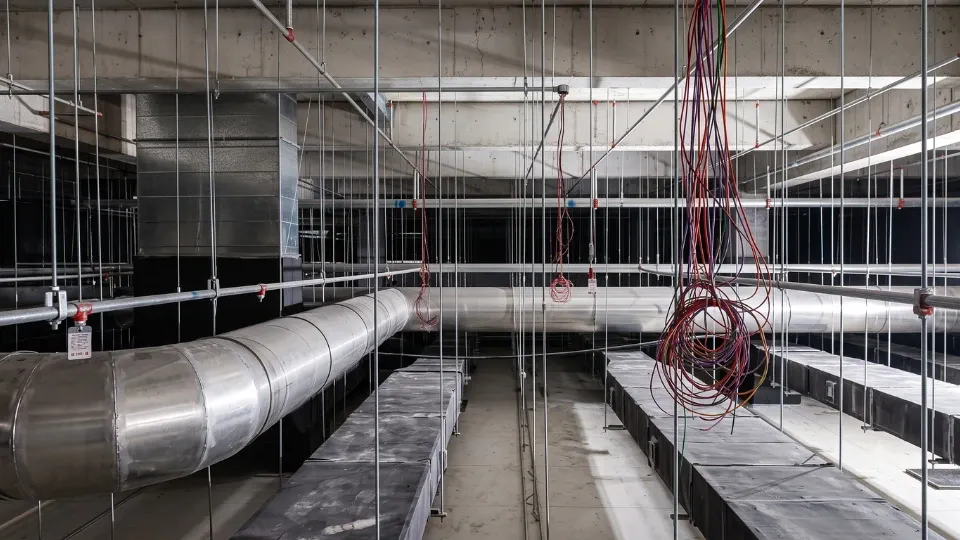 Ducting, hangers and cable runs going in above a bare concrete shell